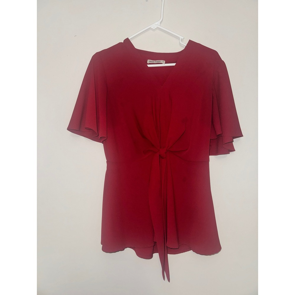 Grace Karin Red V-Neck Flutter Sleeve‎ Tie Front Peplum Blouse Top Medium